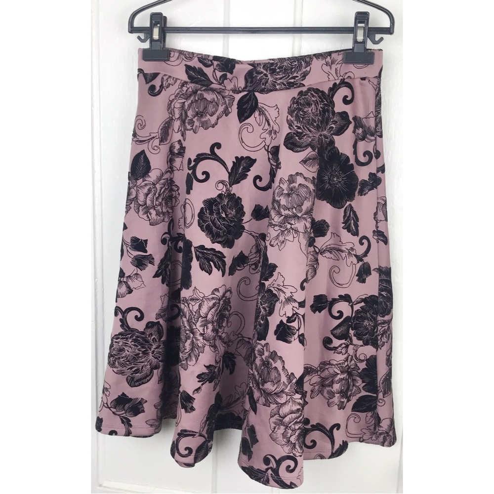 faith & joy : size M : pink & black floral velvet midi skater summer fall skirt